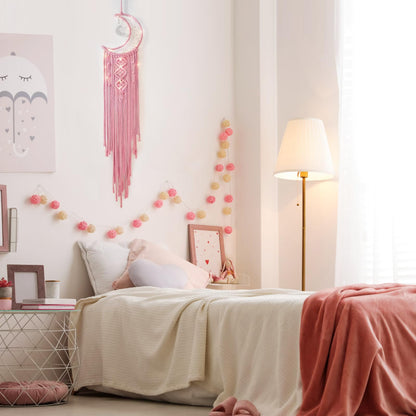 ANROYE Macrame Moon Dream Catcher for Girl, Pink Boho Crescent Dreamcatcher for Bedroom Adult, Handmade Kids Nursery Room Wall Hanging with Star Pendant for Teen, Bohemian Home Decoration Idea