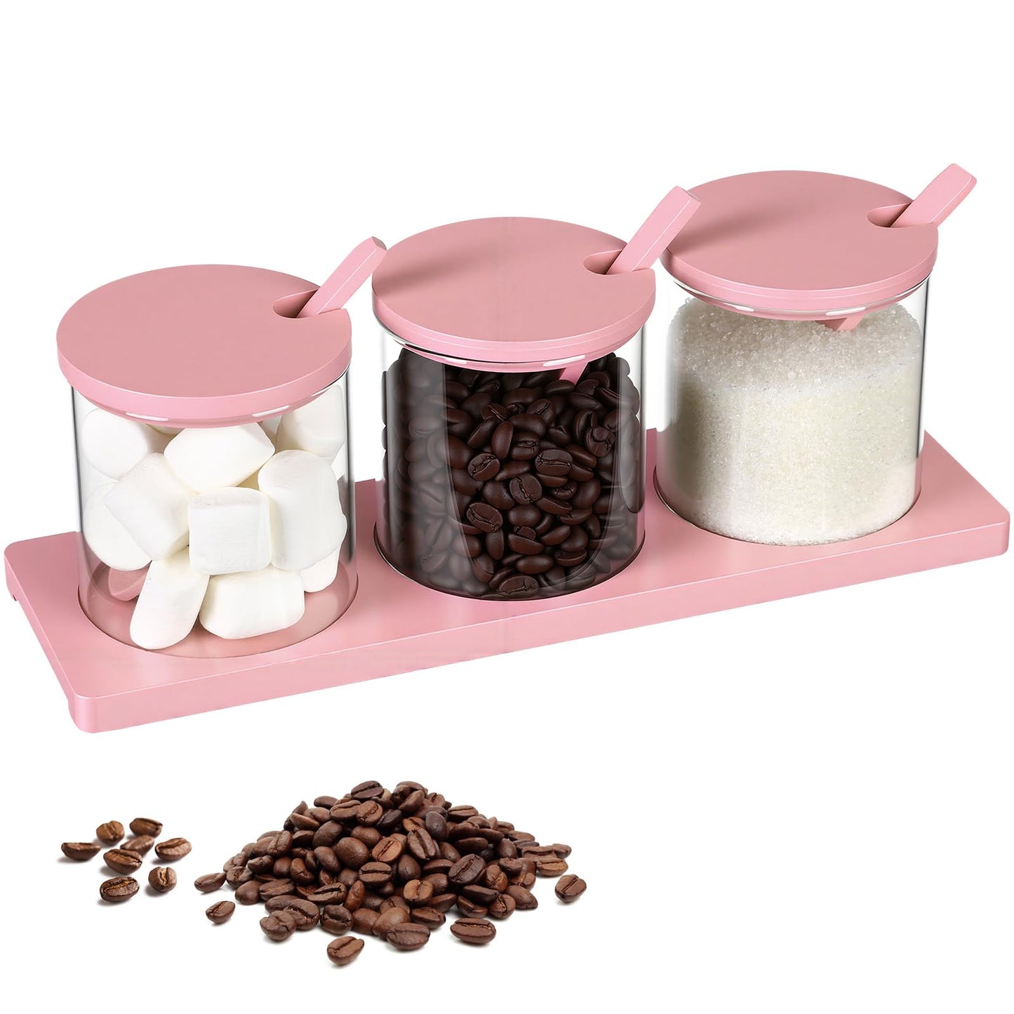 Willinglong 3 Pcs Coffee Bar Accessories Set Glass Condiment Jars with Wooden Lids Spoons, Spice Jar Set with Tray, Sugar Tea Containers for Coffee Station Organizer Kitchen Decoration(Pink)