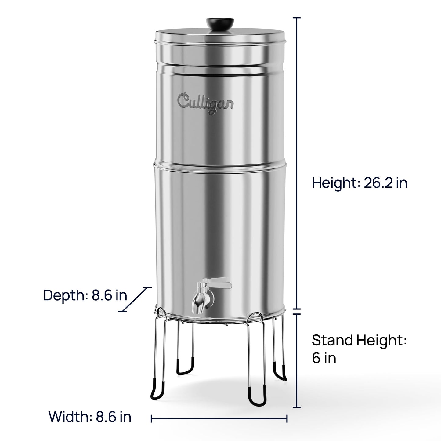 Culligan MaxClear 2.25 Gallon Gravity Water Filter System, Polished Stainless-Steel Countertop Water Filter NSF/ANSI Certified to Reduce Microplastics, Lead & Total PFAS, with 2 Ceramic Filter