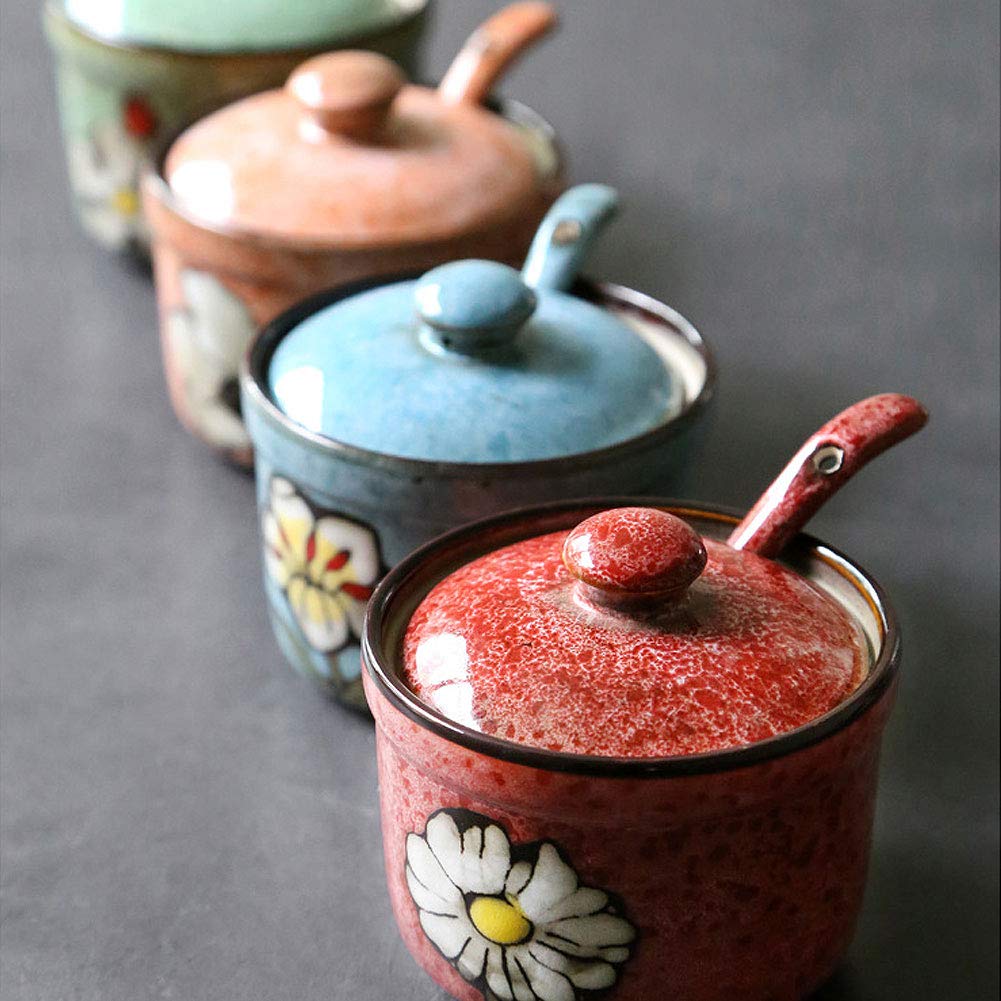 VanEnjoy Retro Hand Painted Flower Ceramic Round Sugar Bowls Spice Containers Porcelain Jar with Spoon Round Condiment