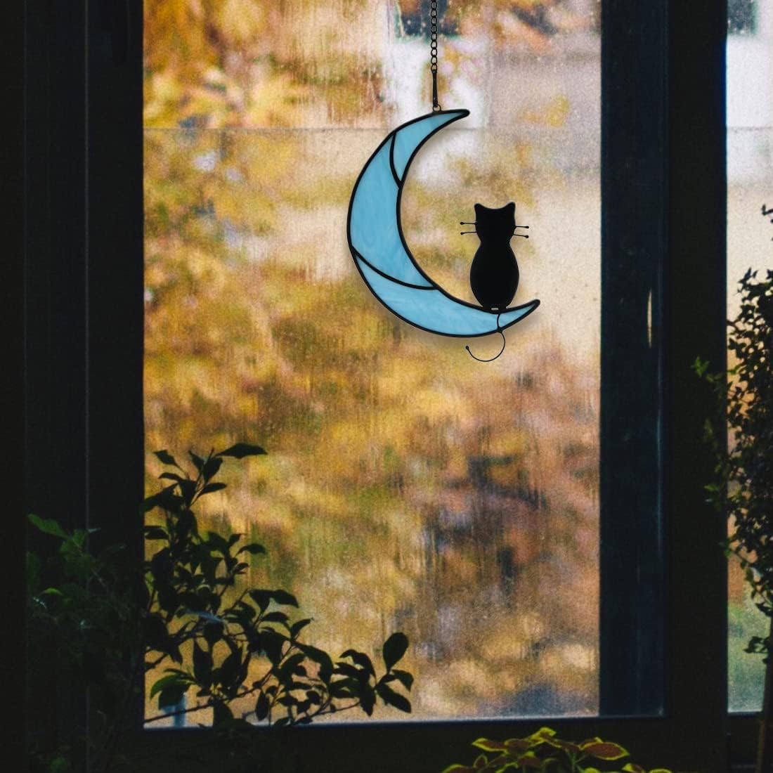 HAOSUM Black Cat Decor On Moon Suncatcher Decoration,Cat Memorial Gifts for Cats Lovers Stained Glass Window Hangingt,Cats Loss Sympathy Gift,Pet Memorial Gifts for Women