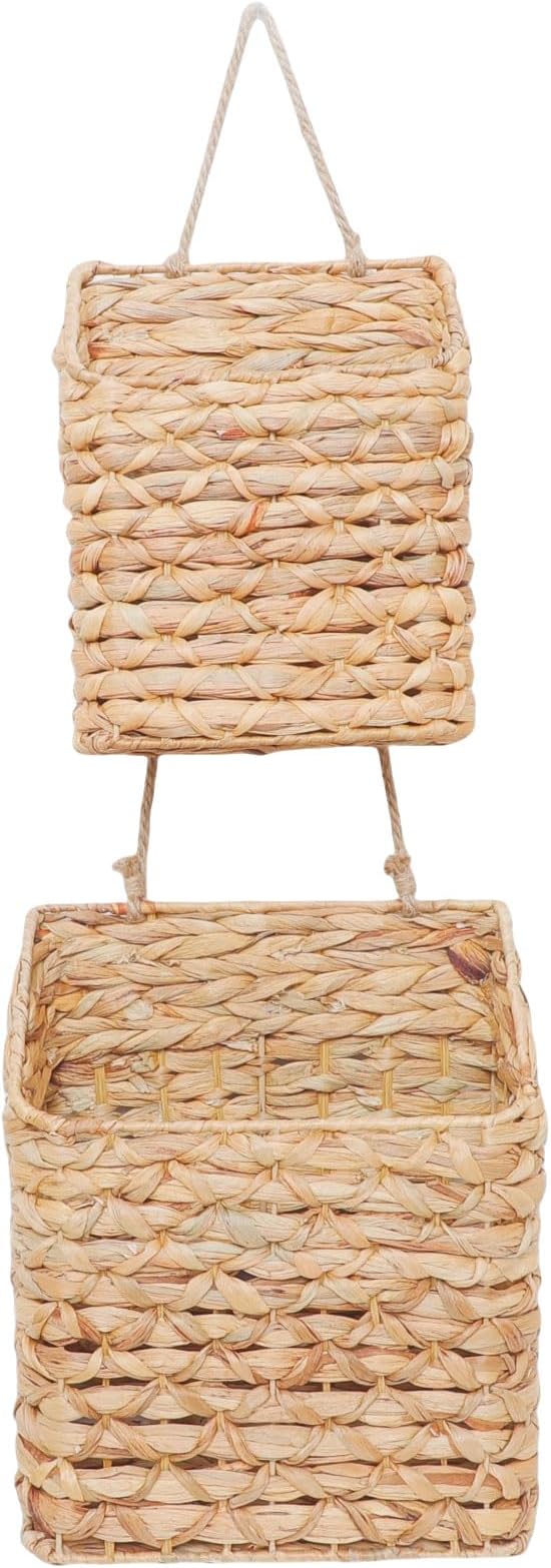 2-Tier Wall Hanging Wicker Water Hyacinth storage baskets Set, Woven Rustic