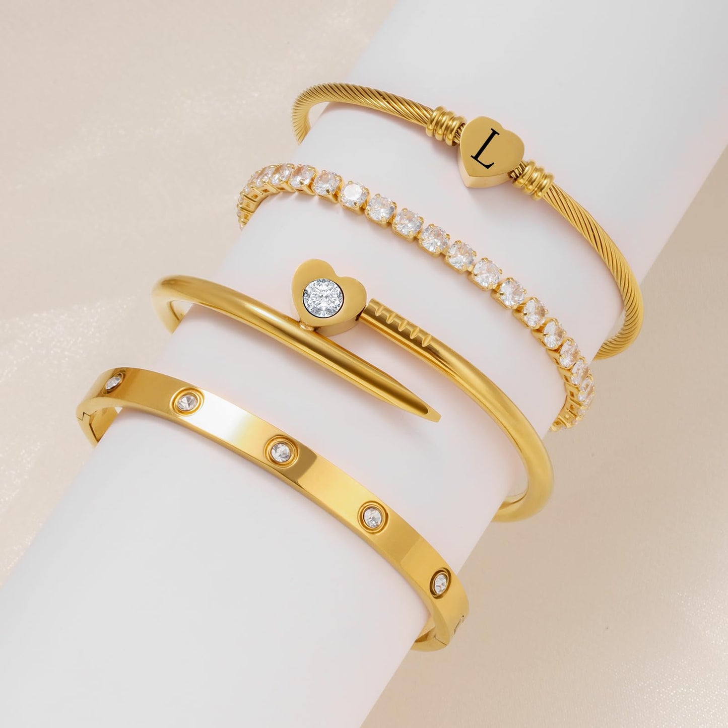MEIERYA18K Gold Plated Nail love Bangle Bracelet Set for Women,Cubic Zirconia,Adjustable tennis bracelet Trendy Gift Jewelry for Mother's Day Anniversary (10-Style-L)