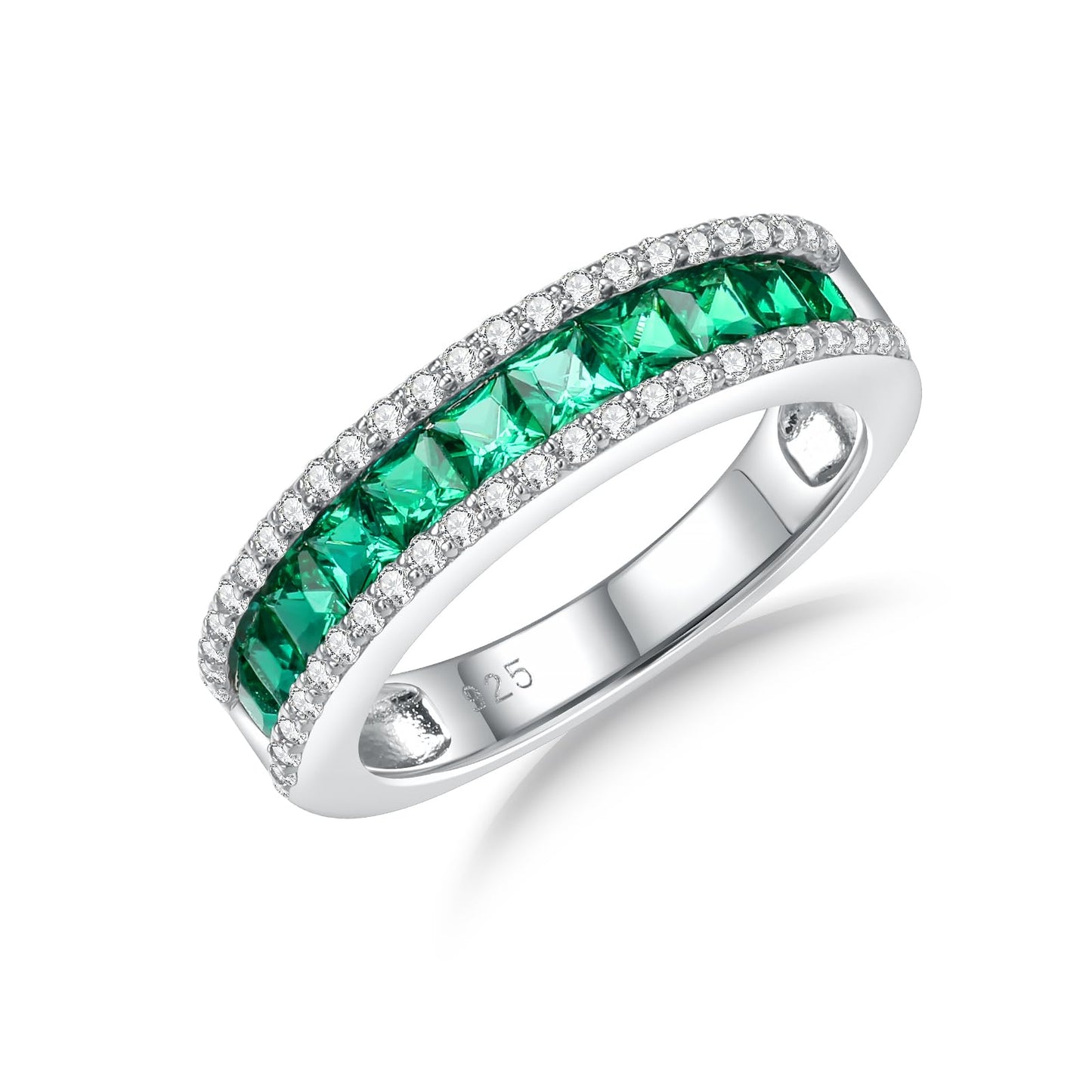 RANDES Womens Emerald Ring Channel Set Wedding Band White Gold Plated Sterling Silver Princess Cut 5mm Thick Eternity Rings Green Stone Ring Size 9