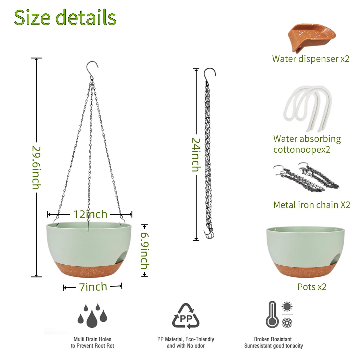 CNLBO 12 Inch Self Watering Hanging Planters 2 Pack, Indoor Outdoor Hanging Pots for Plants with Drainage Holes & Saucers, Green Brown Plastic Hanging Baskets for Kitchen Balcony Garden
