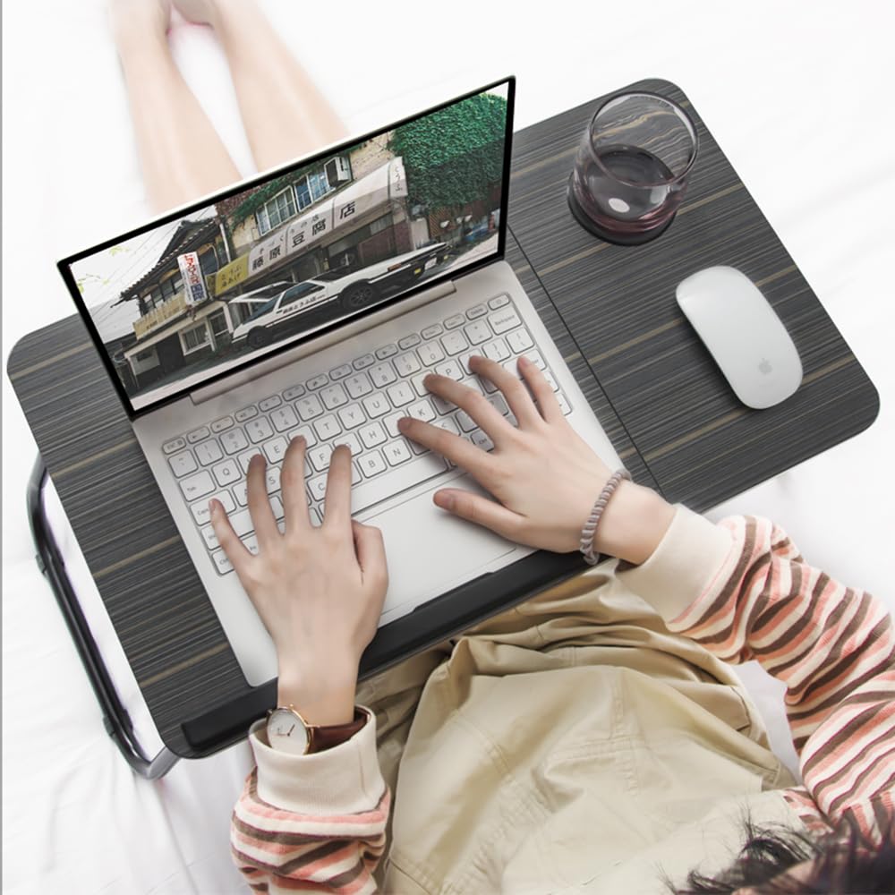 Laptop Bed Table, Laptop Bed Desk with Foldable Legs & Cup Slot, Adjustable Trays, Reading Book Holder Notebook Stand Laptop Tray for Bed, Sofa,Terrace,Carpet, Black