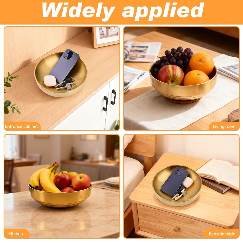 Qirvaten Gold Key Bowl, 7.4 Inches Decorative Bowls for Entryway Table with Coaster, Modern Key Holder Fruit Dish Catch All Bowl for Kitchen Counter Home Decor(Size: 7.4 Inches)