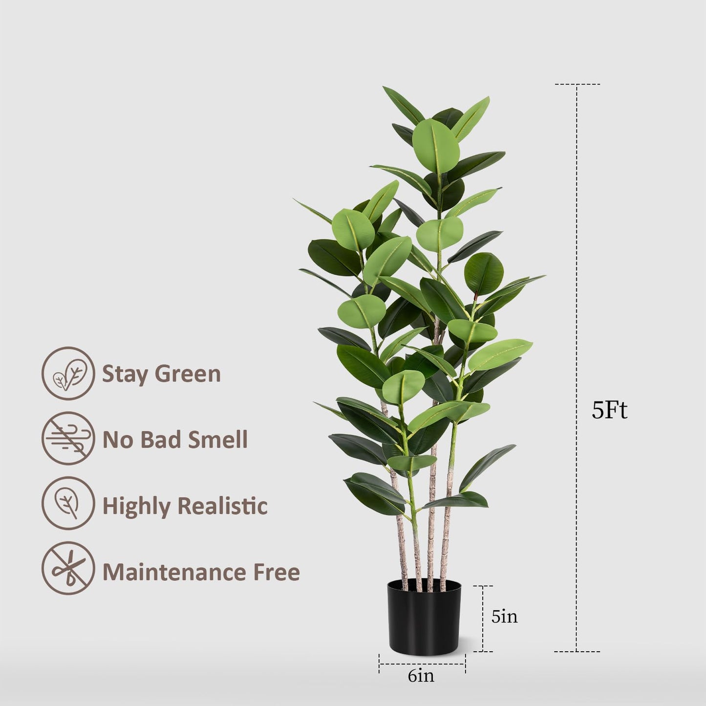 Artificial Rubber Tree 5FT Tall Faux Ficus Tree with Potted Fake Tropical Plant Decorative House Plants Large Floor Plants Artificial Trees for Home