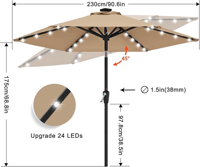 ABCCANOPY Durable Solar Led Patio Umbrellas with 24LED Lights 7.5FT with 6 Sturdy Ribs (Tan)