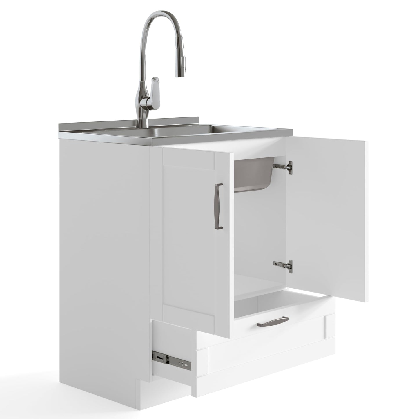 SIMPLIHOME Reed All-in-One 28 inch Wide Utility Sink and Laundry Cabinet in Pure White Finish, Transitional Stainless Steel Sink Cabinet for Laundry Rooms with High-Arch Chrome Faucet and Storage