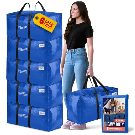 ClearSpace Heavy Duty Moving Boxes or Storage Bags – Storage Bins with Lids, Large Moving Bags with Backpack Straps & Handles – Moving Supplies for College Dorm or Christmas Decorations, 6 Pack