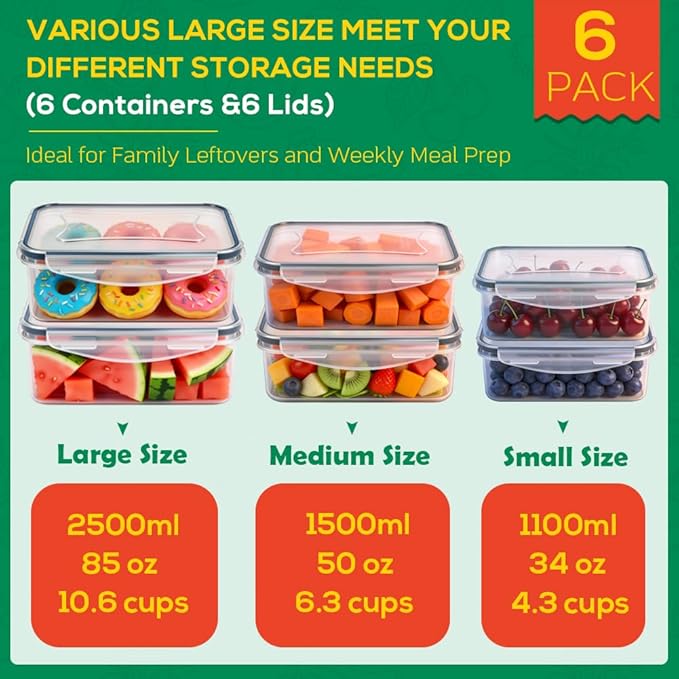 6 Pack Large Food Storage Containers