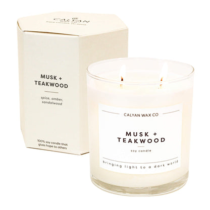 Calyan Wax Co. Musk & Teakwood 2 Wick Scented Candle - 37 Hour Burn - Luxury Clean Soy Wax Candles - Long Lasting Large Glass Jar Candle for Home - 8.8oz