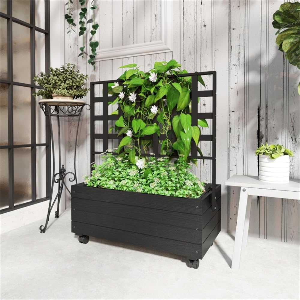Raised Garden Bed Outdoor Planter Box with Trellis and Wheels, Tomato Planter Cage with Trellis, Indoor Outdoor Patio Planters for Climbing Plants Vegetable Flowers 34.6" W x 18.9" D x 41.3" H