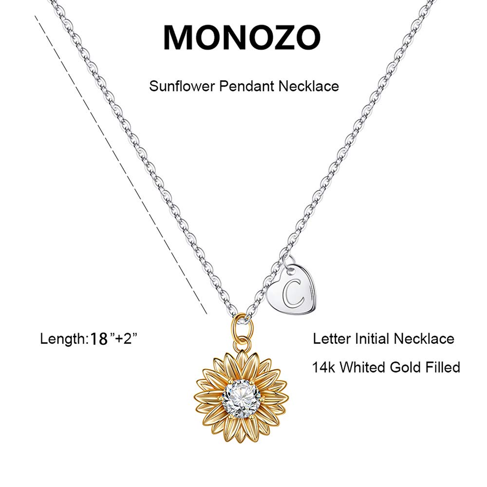 MONOZO Sunflower Gifts for Women Trendy, Dainty 14K Gold Plated CZ Heart Initial C Pendant Sunflower Necklace for Her You Are My Sunshine Sunflower Necklace Sunflower Gifts for Women