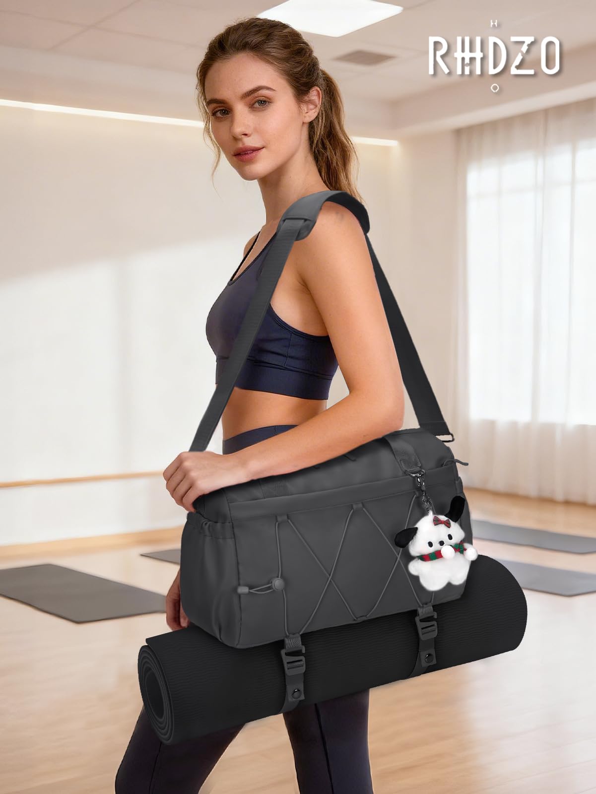 Small Gym Bag for Women with Yoga Mat Holder and Wet Compartment, Mini Gym Duffle Bag Yoga Bag with Water Bottle Pocket for Workout Travel, Dark Gray