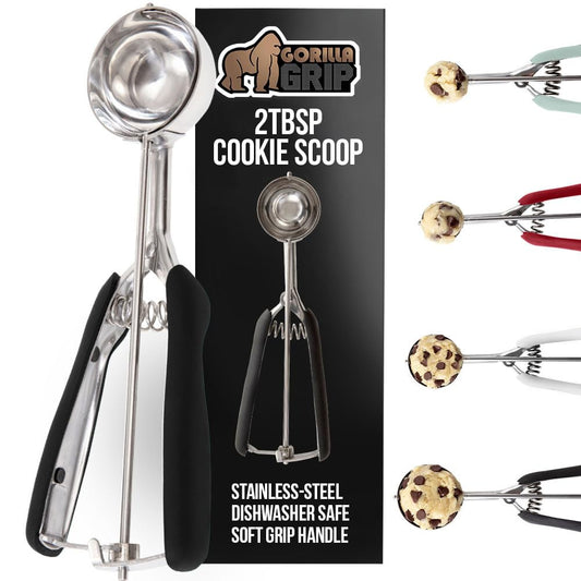 GORILLA GRIP Stainless Steel Cookie Scoop for Baking, 2 TBSP, Multipurpose Melon Baller, Meatball Spring Scoops, Perfect Portion Sizes, Easy Food Release, Scooper Size 40, BPA-Free Kitchen Tool, Black