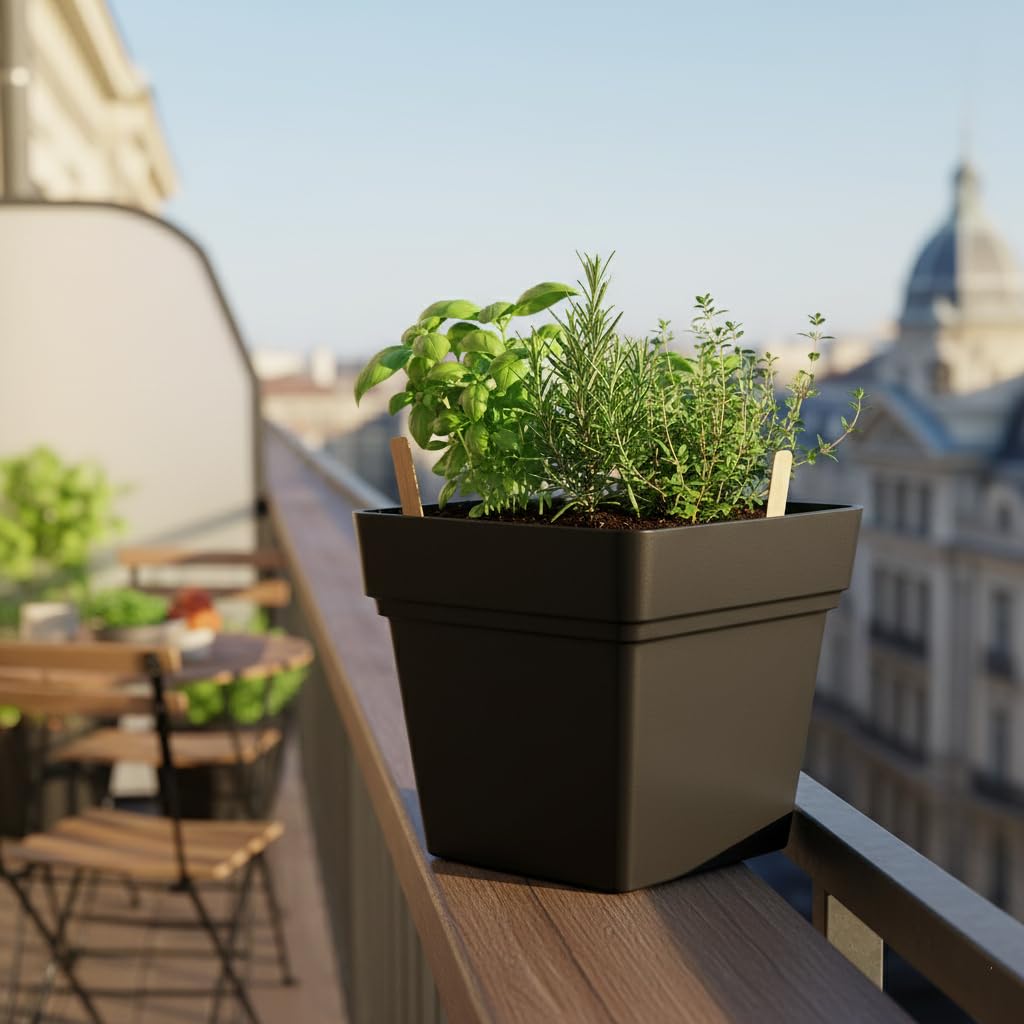 RooTrimmer 6-Pack 7'' Square Planters with Built-in Drainage Tray – Heavy-Duty Black Plastic Planter with Drainage Hole and Bottom Stopper, BPA-Free Plant Pots Matte Finish for Indoor Outdoor