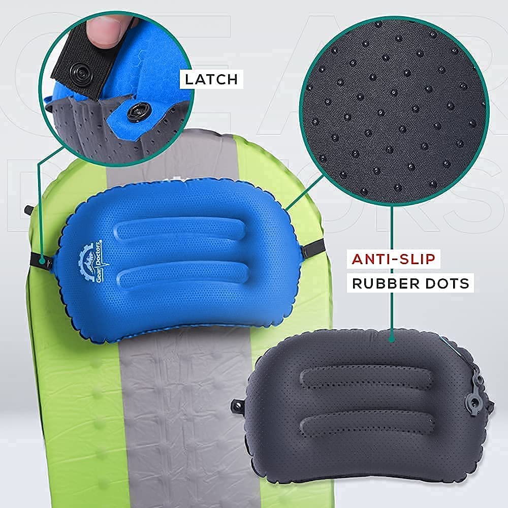 Gear Doctors Ultralight 17oz Apollo-Air Sleeping pad + Blue Anti Slip Camping Pillow Duo, 5.2 R-Value 4 Season Air Mattress with Ergonomic Ultralight Pillow The Size of A Soda Can