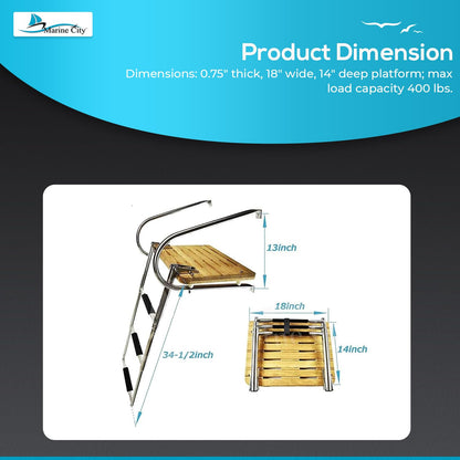 MARINE CITY Stainless Steel Swim Teak Platform Boat Ladder, Low Maintenance Ideal for Marines, Boats, Ships, Yachts (Teak I/B (3 Steps))