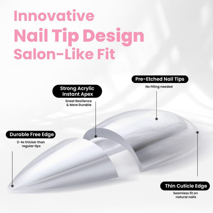 Beetles Tipex Instant Apex Nail Tips Kit, Coffin Long 224Pcs 16 Sizes Pre-Building & Pre-Etched Thicker Acrylic Nails False Nail Extension with Tipex Nail Glue Mini Nail Lamp