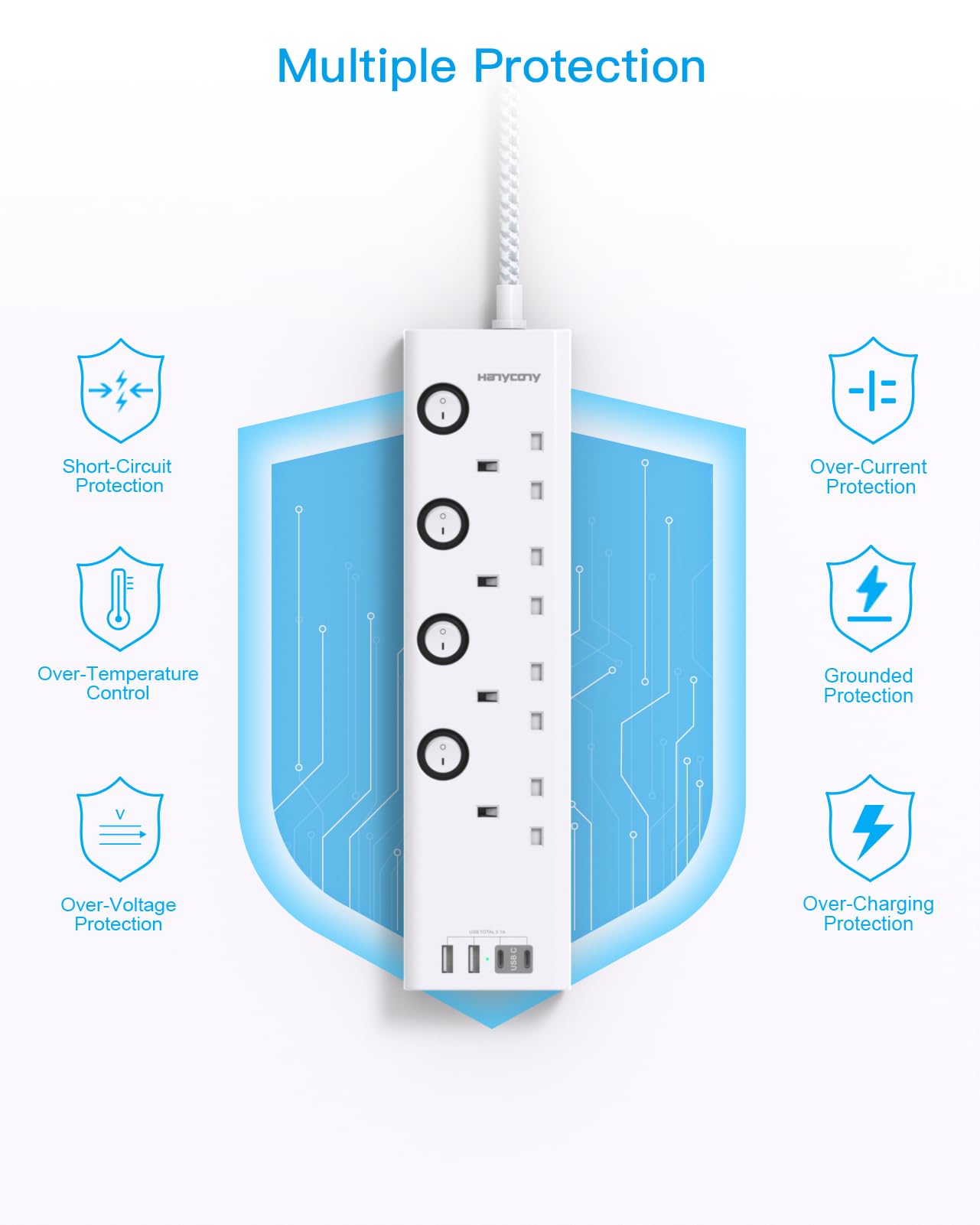 Extension Lead with USB Slots(2 USB C), HANYCONY 4 Way Plug Extension Socket with Individual Switches, 1.8M Extension Cable, Wall Mount Extension Cord, Desk Power Strip for Bedroom Office Accessories