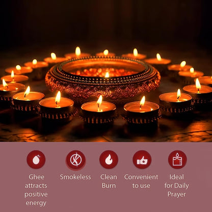 Shubhkart Tejas Premium Ghee T-Light Candle Set of 50 Wax-Free Smokeless Tealights for Prayer Rooms, Meditation, Home, Festive Events, Weddings & Gifting with Bright Long-Lasting 3-Hour Pure Flame