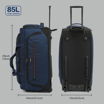 TONRUYN Large Rolling Duffle Bag with Wheels and Handle 85L 29 inch Travel Duffel Bag for Men Women with Shoe Compartment & Wet Pocket, 2 Wheeled Checked Luggage for Business Travel Long Trips, Blue