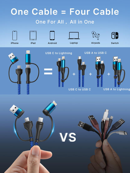 4 in 1 Charging Cable, USB C Lightning Adapter USB C to USB C 60W PD [Fast Charging & Data Sync] 4 in 1 Multi Charger for iPhone 16 15 14 13 12,MacBook Pro 2023 iPad mini 6/Pro,Samsung Galaxy S22 S21