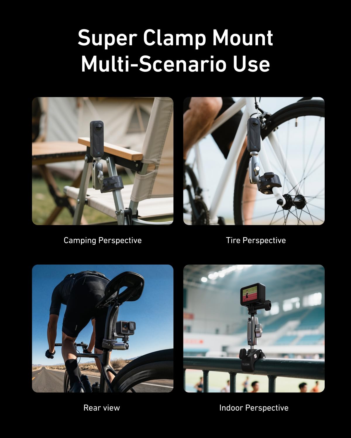 TELESIN Super Clamp Camera Mount with 360° Dual Ball Head, Bike/Bicycle/Motorcycle Handlebar Mount for DJI Osmo Pocket 4/ DJI Osmo Action 6/ Action 5 Pro/Osmo Nano/Action 4/Hero 13 12 11/Insta 360 X5