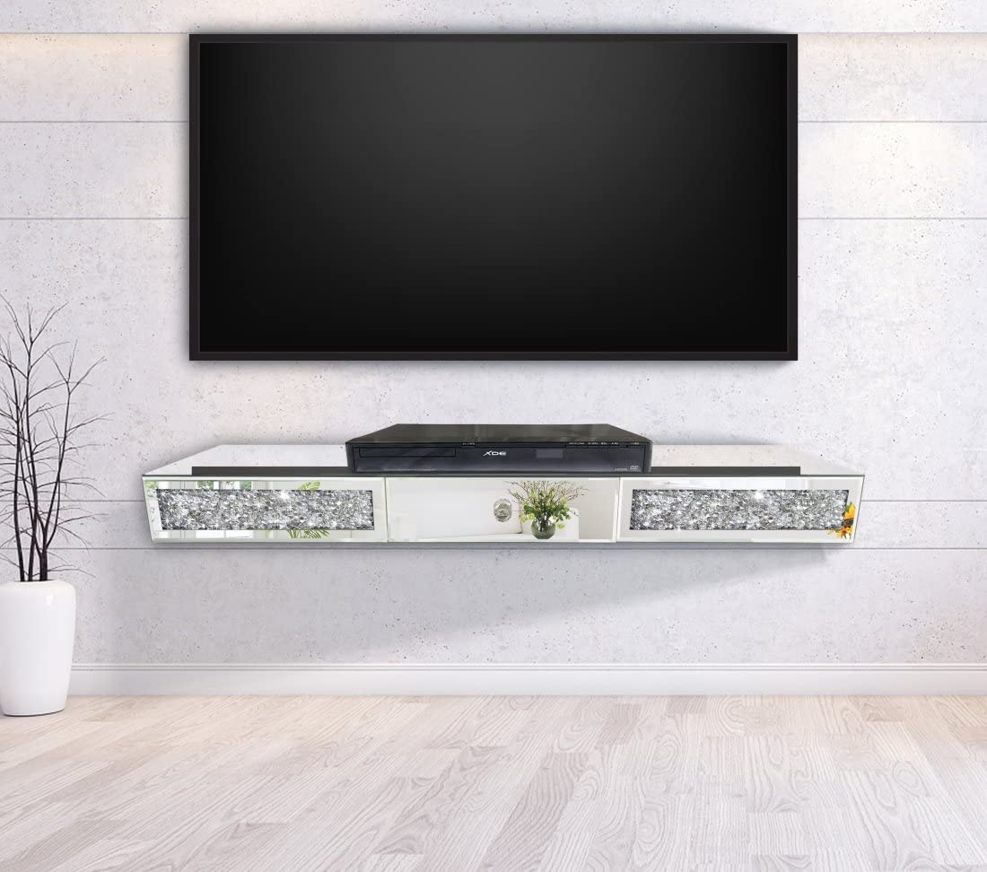 ST3000 Crystal Diamond Mirrored Wall Shelf with Drawer-31.5" Silver Mirror Crushed Glass Floating Shelf for Bedroom, Living Room, Vanity, Entryway-Glam Art Deco Display Shelf (Can Also Rest on Table)