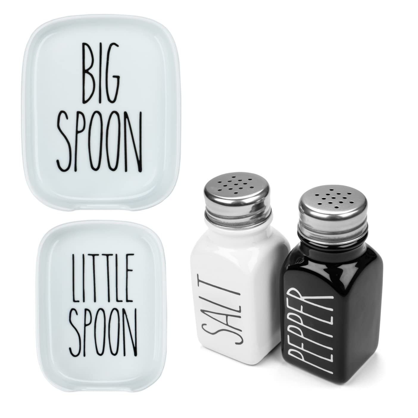 Heartland Home Ceramic Salt and Pepper Shaker Set and Porcelain Nesting Spoon Rest Set