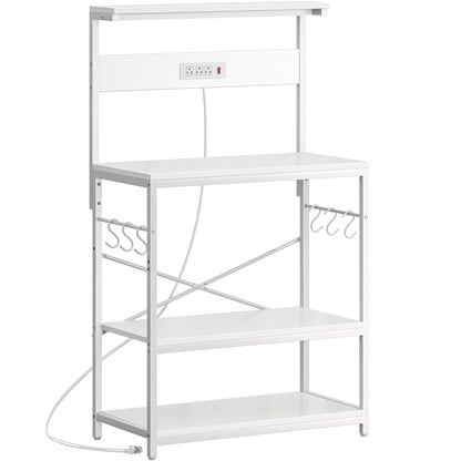 SUPERJARE Kitchen Bakers Rack with Power Outlet, Coffee Bar Table 4 Tiers, Kitchen Microwave Stand with 6 S-shaped Hooks, Storage Shelf Rack for Spices, Pots and Pans - Rustic Brown
