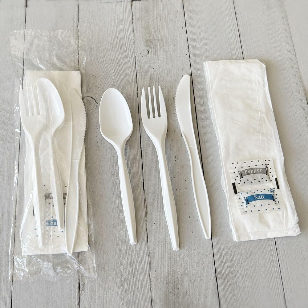 Boardwalk Three-Piece Disposable Cutlery Kit, 250 Count, Fork/Knife/Spoon/Napkin, Salt & Pepper, Medium Weight, Plastic, White, Individually Wrapped