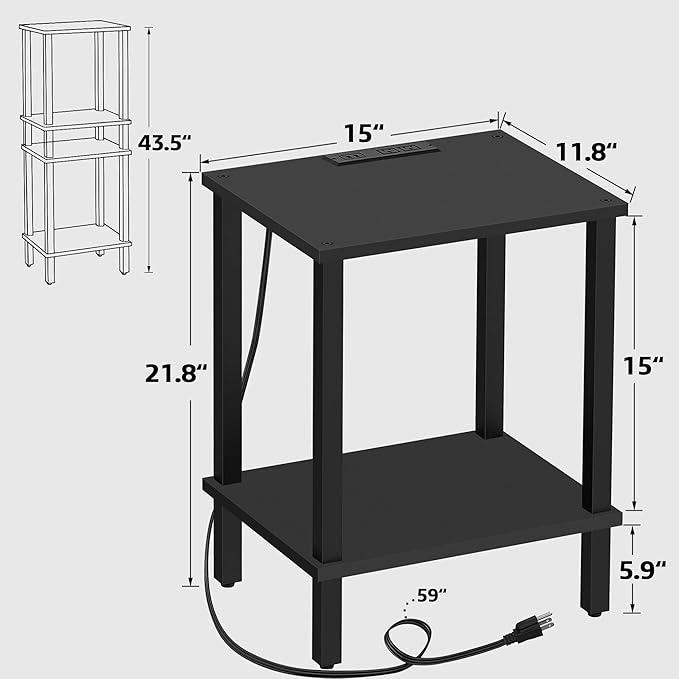 TUTOTAK End Table with Charging Station, Side Table with USB Ports and Outlets