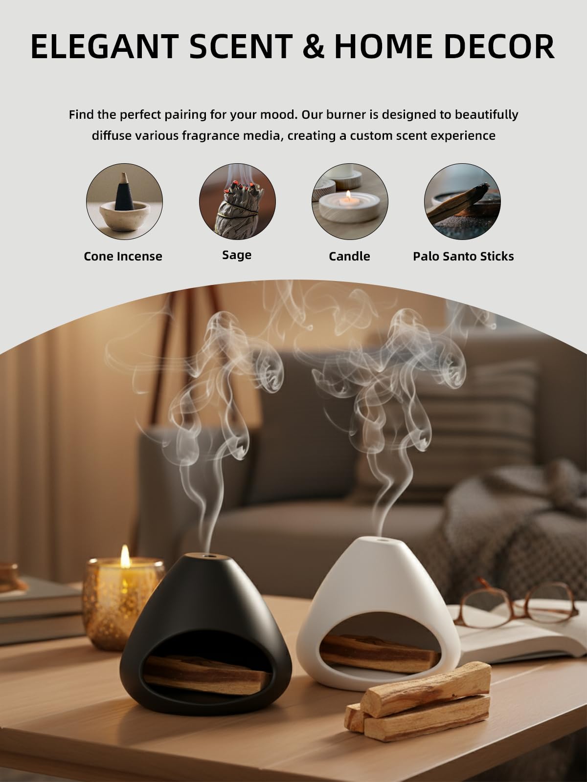 Ceramic Palo Santo Holder, Modern Incense Burner, Smudge Bowl (Black)