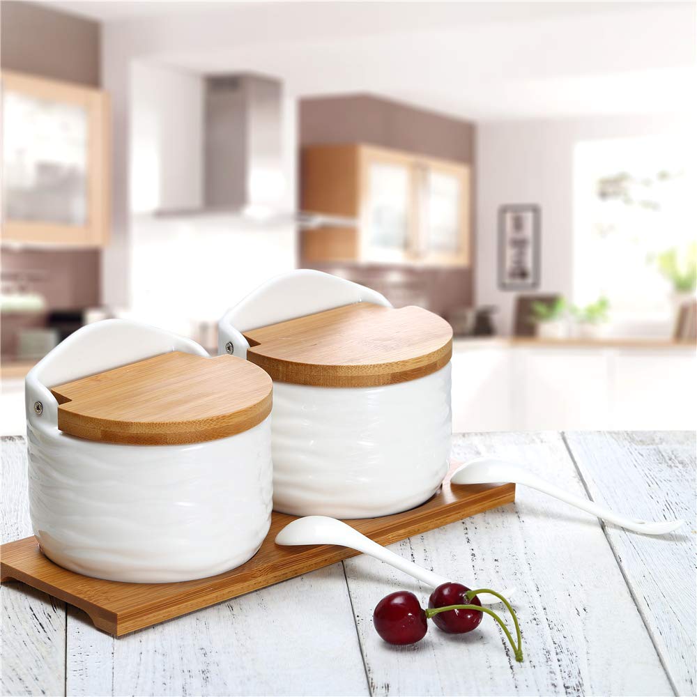 Lucky Goddness Ceramic Sugar Bowl with Lids and Spoons-Porcelain Condiment Container Spice Jar,Salt Cellar for Kitchen,with Chalkboard Labels,8.8 fl oz 260ML