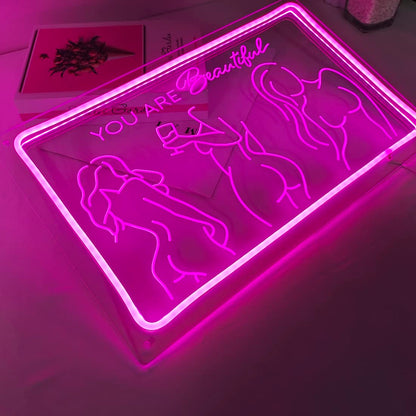 Britrio Lady Back Neon Sign Pink Neon Wall Art Decor You Are Beautiful LED Night Light for Girl Bedroom Man Cave Home Bar Pub Store Home Party Decor Women Birthday Gifts 15.75 IN