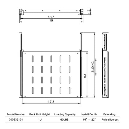 Raising Electronics Sliding Rack Server Shelf 1U 19'' 4 Post Rack Mount-Adjustable 15''-22''