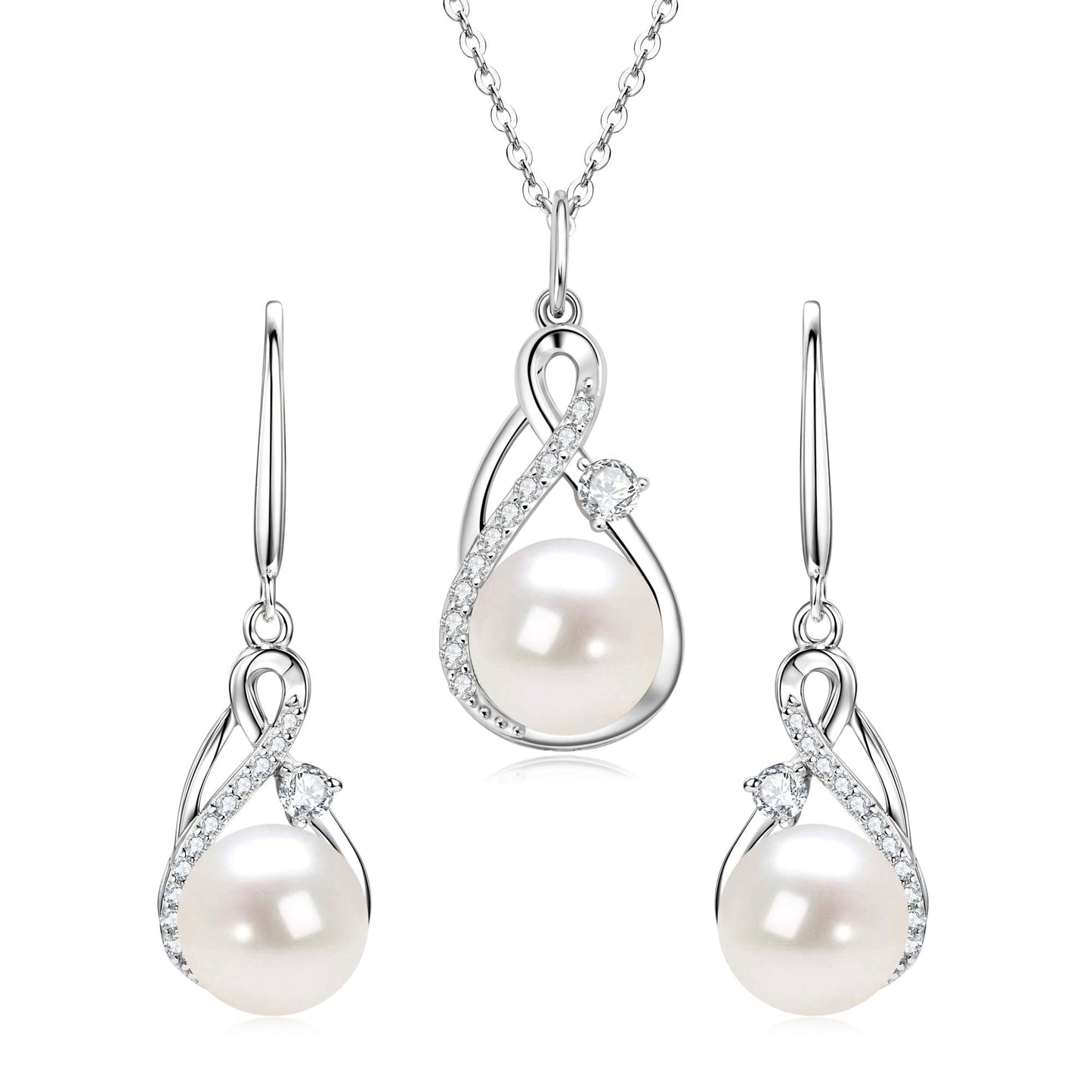 DENGGUANG Sterling Silver Pearl Jewelry Set with Moissanite, Real Freshwater Pearl Earrings Necklaces for Women, Wedding Jewelry for Brides Bridesmaid, Mother's Day