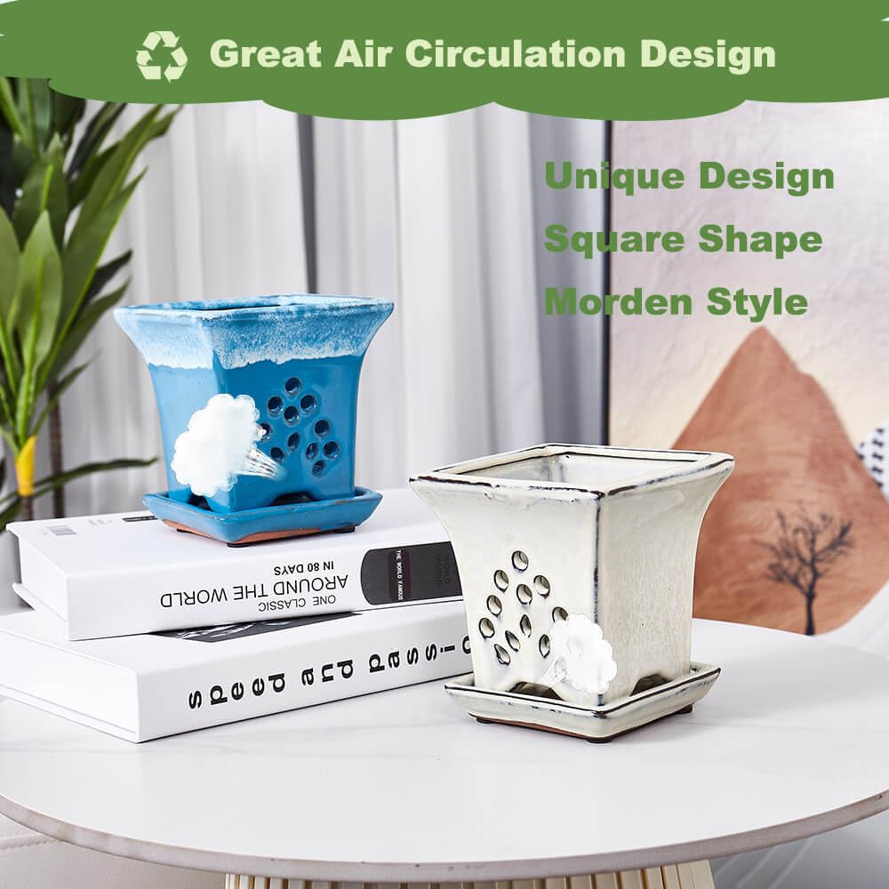 Ceramic Orchid Pots with Holes attached Saucers 4.8 Inches - Set of 2 Small Square Orchid Pots for Repotting, Decorative Ceramic Orchid Planter with Hole for Healthy Root Growth Blue White Mixed