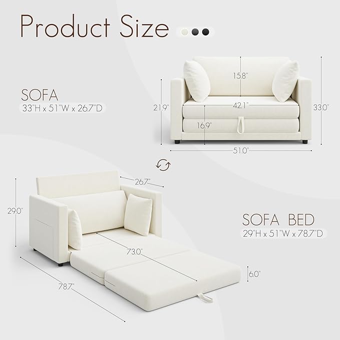 Convertible Sofa Bed, 2 in 1 Pull Out Loveseat Sleeper Sofa | 78.7” Folding