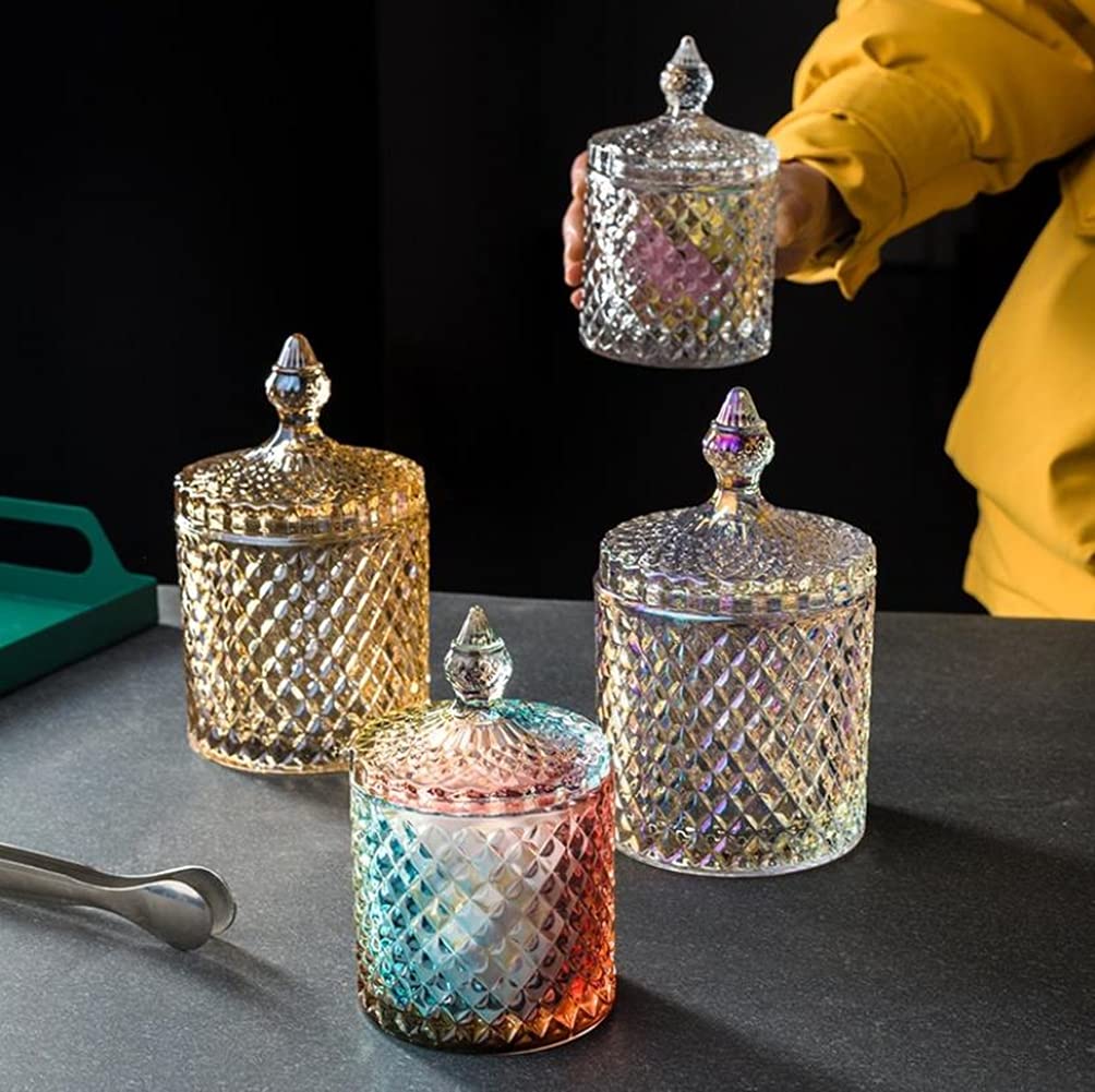 SHUILING Glass Candy Jar with Lids 300m/10OZ Glassware Crystal Candy Dishes Food Storage Container Sugar Cube Bowl Apothecary Jars for Wedding Party Display (Clear)