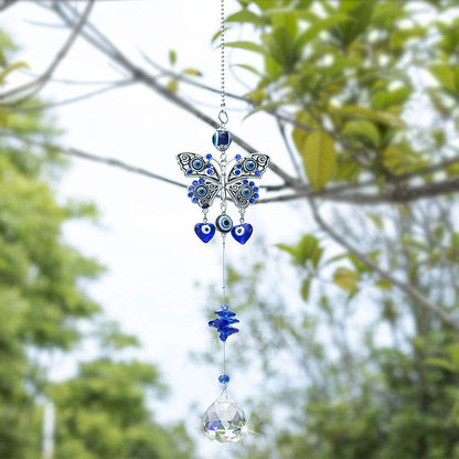 Turkish Blue Evil Eye Butterfly Wall Hanging with Crystal Suncatcher Ornament for Home Decor Protection Good Luck Blessing Housewarming Birthday Gift