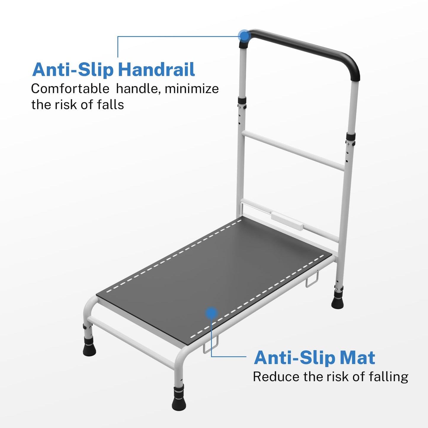 WISDEER Bedside Step Stool for Elderly - Adjustable Handle Motion Sensor LED Light Non-Slip Surface Heavy Duty Steel Supports Up to 400 lbs Ideal for Safe Bed Access, White