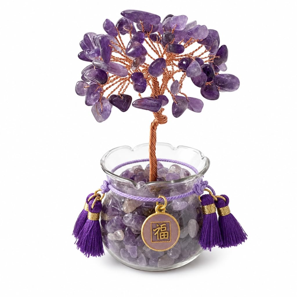 Fatonio Natural Small Amethyst Money Tree Crystal, Handmade Crystal Feng Shui Decor, Positive Energy Wealth Luck Statue Crystal Tree for Home Office Shop Cashier, Ideal Lucky Gift for Women Friends