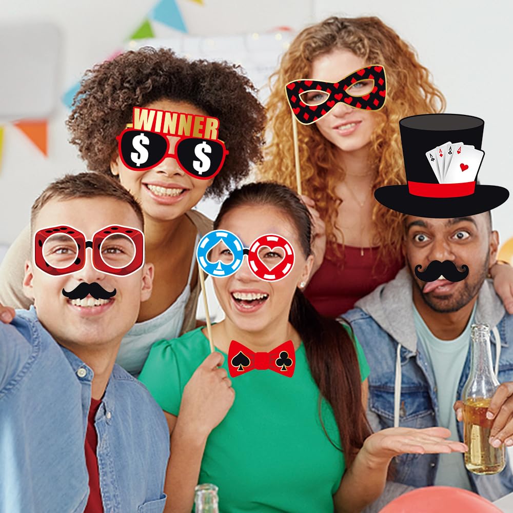 Casino Theme Party Decorations, Tumwisk 30PCS Las Vegas Photo Booth Props, Casino Birthday Decorations Funny Vegas Themed Poker Party Game Night Selfie Props