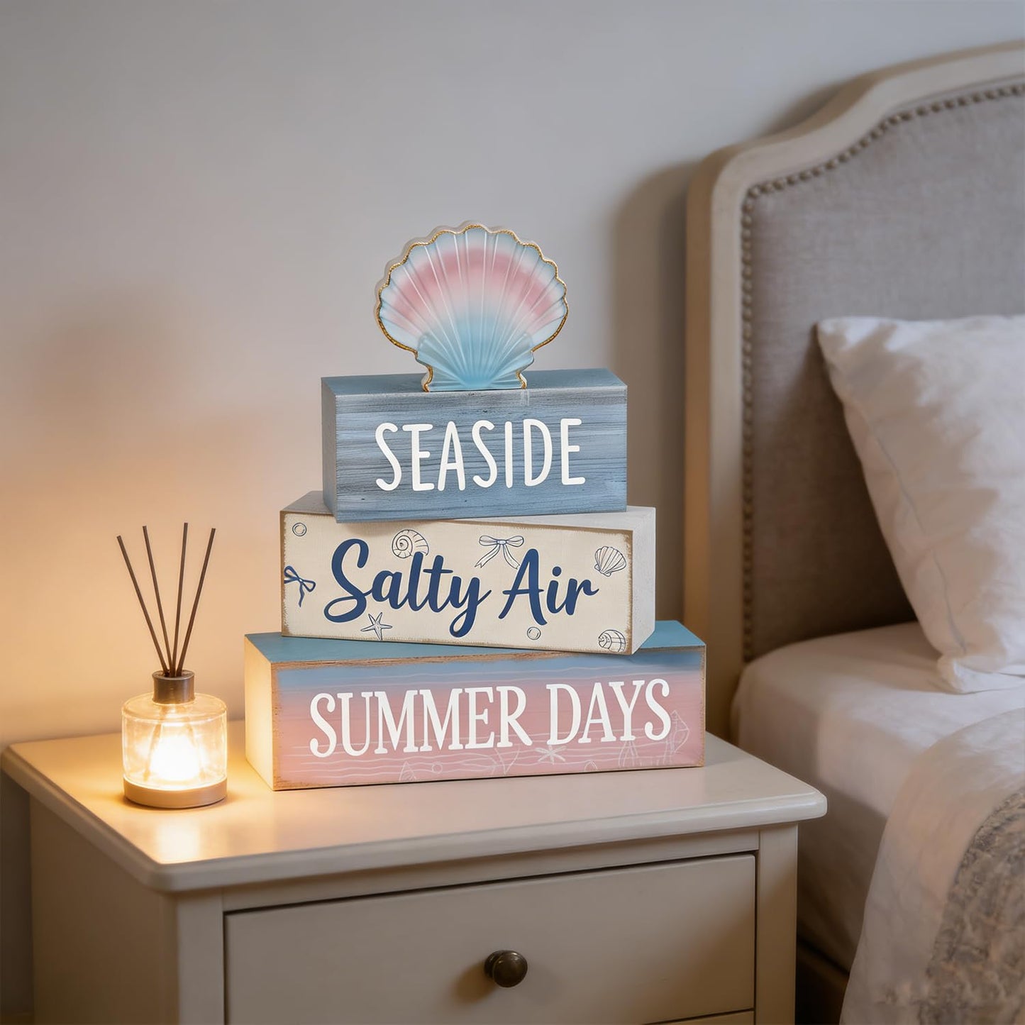4 Pcs Seaside Beach Tiered Tray Decor Rustic Wooden Nautical Centerpiece with Salty Air Summer Days Sign Farmhouse Coastal Room Decor Summer Tiered Tray Decor