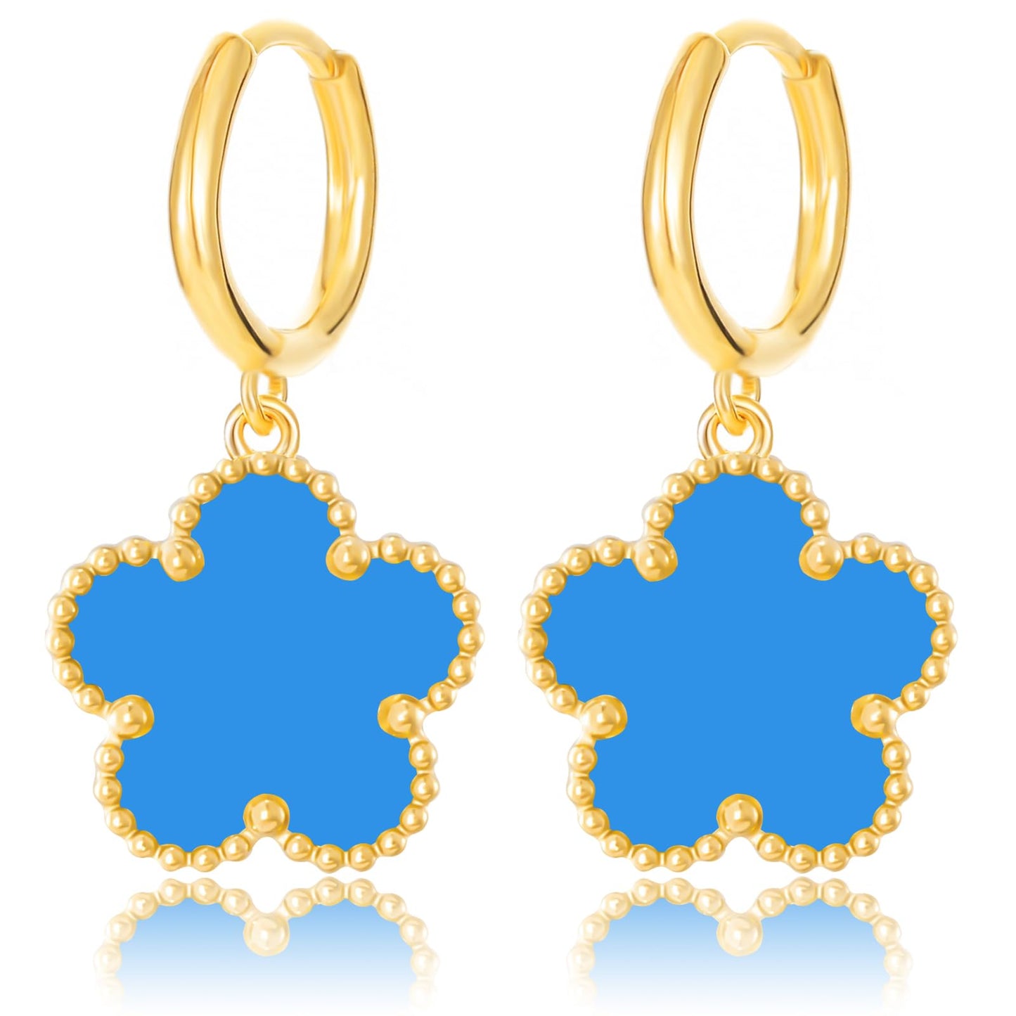 Gold Plated Five Leaf Clover Dangle Earrings for Women Lucky Flower Jewelry (Blue-14K Gold Plated)