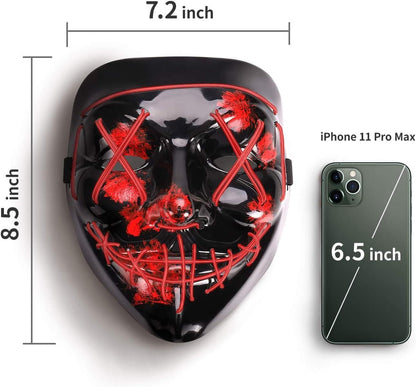 AnanBros Scary LED Halloween Mask, Light up Mask Cosplay, LED Rave Face Mask Costume 3 Lighting Modes, Halloween Face Masks for Men Women Kids - Red